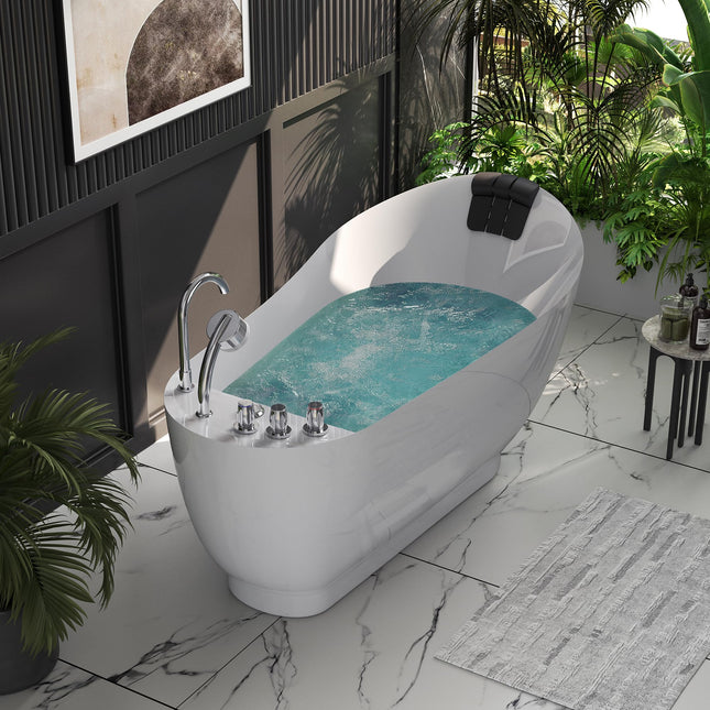 Empava 59" x 29" Freestanding Whirlpool Tub, Acrylic 560W Jetted Bathtub with 7 Hydromassage Nozzles,Lumbar and Neck Support,ETL Certified