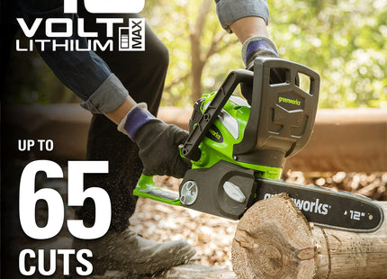 Greenworks 40V 12" Cordless Compact Chainsaw (Great For Storm Clean-Up, Pruning, and Camping), 2.0Ah Battery and Charger Included