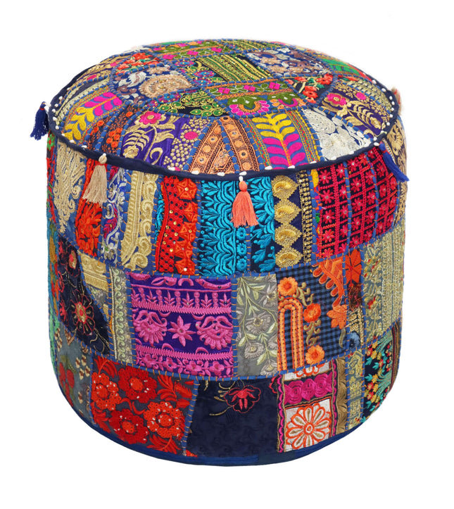 COTTON CRAFT Sari Patchwork Pouf - Embroidered Embellished Ottoman Foot Stool Bean Bag - Boho Eclectic Versatile Vintage Bed Room Dorm Accent Seating - Prefilled 15 H x 19 Round - Navy Blue Multicolor