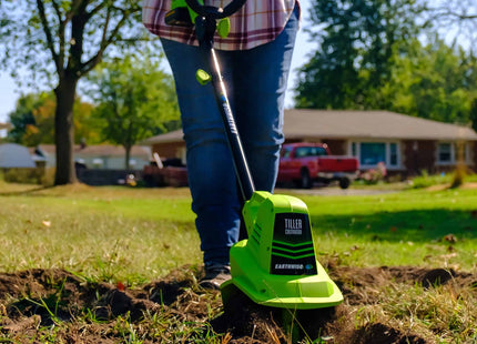 Earthwise Power Tools by ALM TC70020IT 20-Volt 7.5-Inch Cordless Electric Garden Tiller Cultivator, (2AH Battery & Fast Charger Included), Green