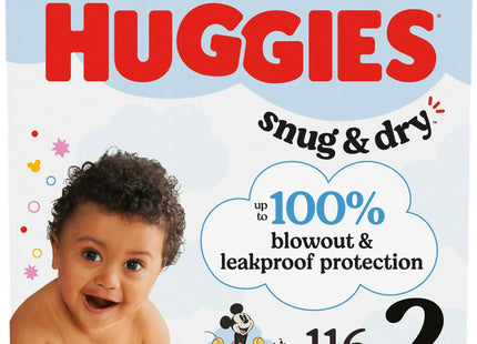 Huggies Snug & Dry Size 2 baby diapers 116‑count pack with CloudSoft layers and wetness indicator