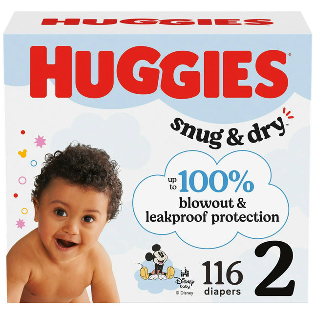 Huggies Snug & Dry Size 2 baby diapers 116‑count pack with CloudSoft layers and wetness indicator