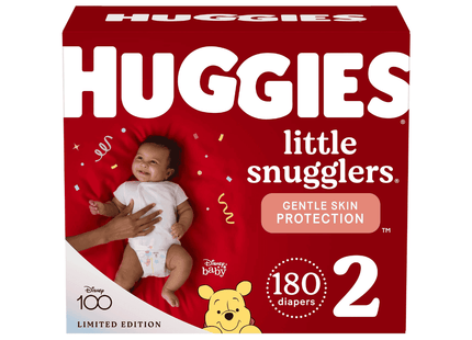 Huggies Little Snugglers Size 2 baby diapers 180‑count bulk pack with GentleAbsorb liner, wetness indicator, and leak-lock waistband