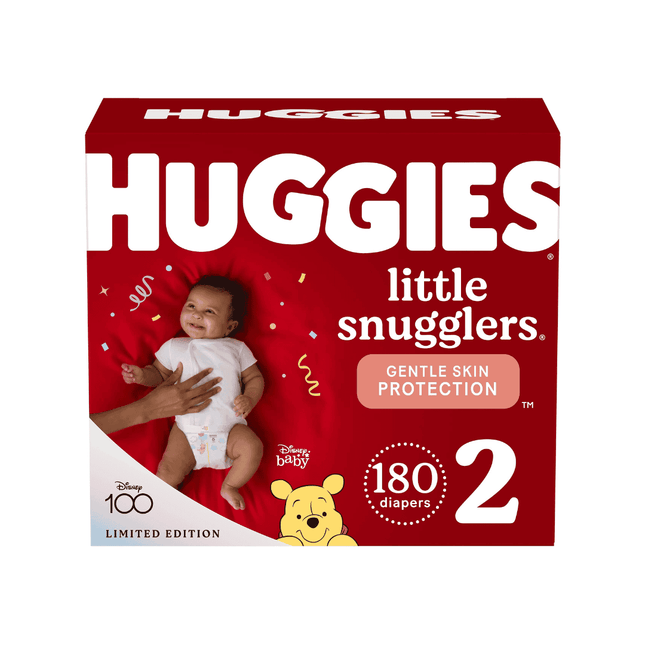Huggies Little Snugglers Size 2 baby diapers 180‑count bulk pack with GentleAbsorb liner, wetness indicator, and leak-lock waistband