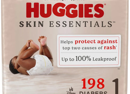 Huggies Skin Essentials Size 1 newborn diapers, 198‑count bundle, sensitive skin, wetness indicator, Disney prints
