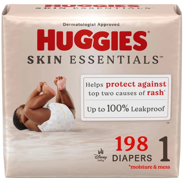 Huggies Skin Essentials Size 1 newborn diapers, 198‑count bundle, sensitive skin, wetness indicator, Disney prints